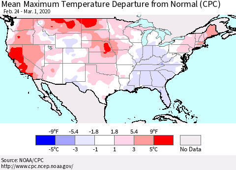 United States Mean Maximum Temperature Departure from Normal (CPC) Thematic Map For 2/24/2020 - 3/1/2020