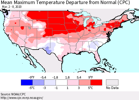 United States Mean Maximum Temperature Departure from Normal (CPC) Thematic Map For 3/2/2020 - 3/8/2020