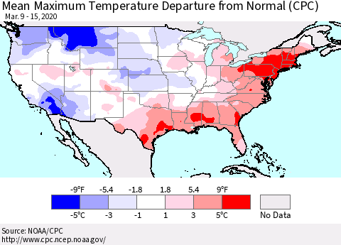 United States Mean Maximum Temperature Departure from Normal (CPC) Thematic Map For 3/9/2020 - 3/15/2020