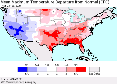 United States Mean Maximum Temperature Departure from Normal (CPC) Thematic Map For 3/23/2020 - 3/29/2020