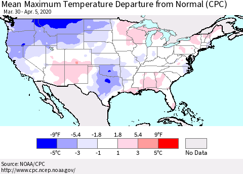 United States Mean Maximum Temperature Departure from Normal (CPC) Thematic Map For 3/30/2020 - 4/5/2020