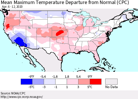 United States Maximum Temperature Departure From Normal (CPC) Thematic Map For 4/6/2020 - 4/12/2020