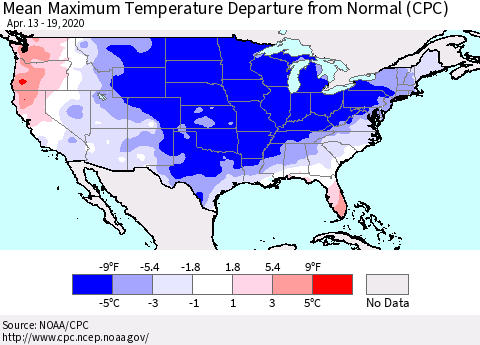 United States Mean Maximum Temperature Departure from Normal (CPC) Thematic Map For 4/13/2020 - 4/19/2020