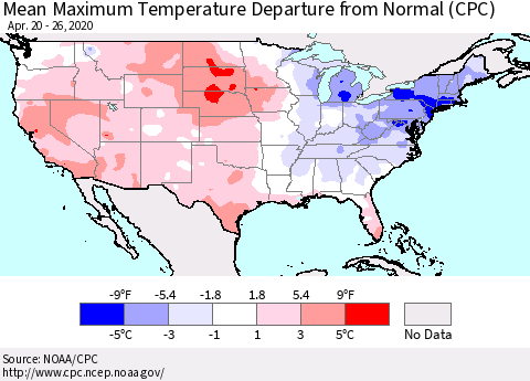 United States Maximum Temperature Departure From Normal (CPC) Thematic Map For 4/20/2020 - 4/26/2020
