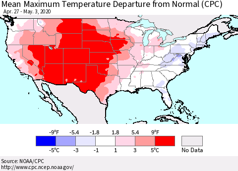 United States Mean Maximum Temperature Departure from Normal (CPC) Thematic Map For 4/27/2020 - 5/3/2020