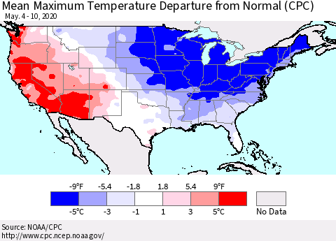 United States Mean Maximum Temperature Departure from Normal (CPC) Thematic Map For 5/4/2020 - 5/10/2020