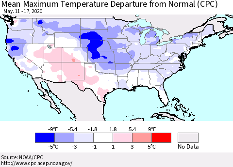 United States Mean Maximum Temperature Departure from Normal (CPC) Thematic Map For 5/11/2020 - 5/17/2020
