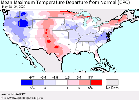 United States Maximum Temperature Departure From Normal (CPC) Thematic Map For 5/18/2020 - 5/24/2020