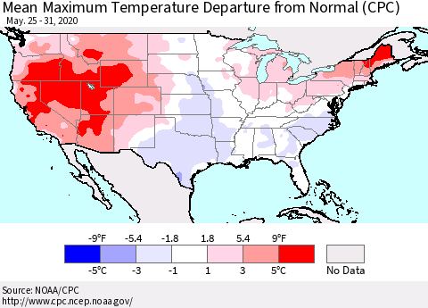 United States Mean Maximum Temperature Departure from Normal (CPC) Thematic Map For 5/25/2020 - 5/31/2020