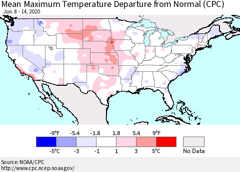 United States Maximum Temperature Departure From Normal (CPC) Thematic Map For 6/8/2020 - 6/14/2020