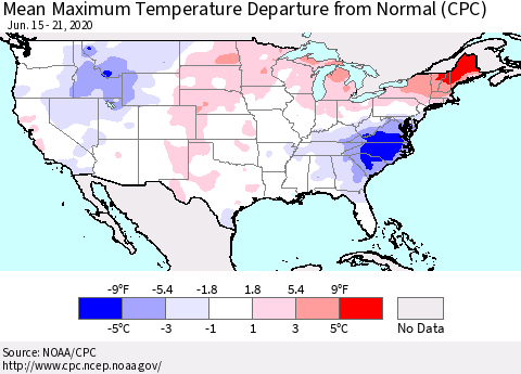United States Maximum Temperature Departure From Normal (CPC) Thematic Map For 6/15/2020 - 6/21/2020