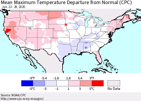United States Mean Maximum Temperature Departure from Normal (CPC) Thematic Map For 6/22/2020 - 6/28/2020