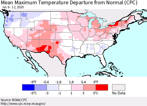 United States Mean Maximum Temperature Departure from Normal (CPC) Thematic Map For 7/6/2020 - 7/12/2020