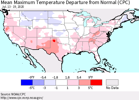 United States Maximum Temperature Departure From Normal (CPC) Thematic Map For 7/13/2020 - 7/19/2020