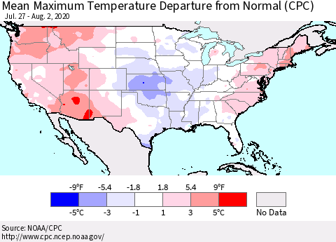 United States Maximum Temperature Departure From Normal (CPC) Thematic Map For 7/27/2020 - 8/2/2020