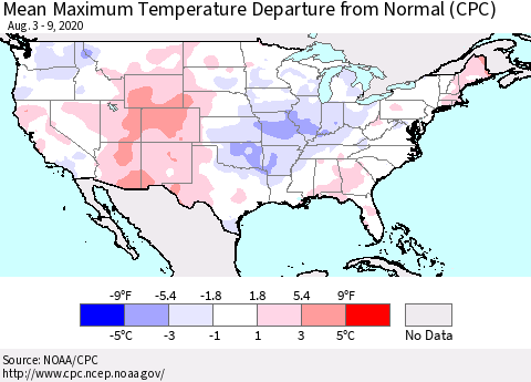 United States Mean Maximum Temperature Departure from Normal (CPC) Thematic Map For 8/3/2020 - 8/9/2020
