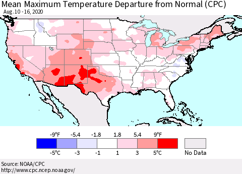 United States Mean Maximum Temperature Departure from Normal (CPC) Thematic Map For 8/10/2020 - 8/16/2020