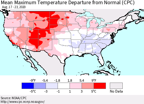 United States Mean Maximum Temperature Departure from Normal (CPC) Thematic Map For 8/17/2020 - 8/23/2020