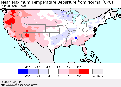 United States Mean Maximum Temperature Departure from Normal (CPC) Thematic Map For 8/31/2020 - 9/6/2020
