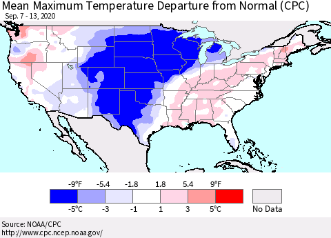 United States Mean Maximum Temperature Departure from Normal (CPC) Thematic Map For 9/7/2020 - 9/13/2020