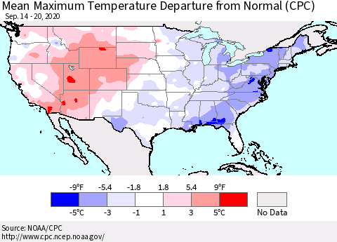 United States Mean Maximum Temperature Departure from Normal (CPC) Thematic Map For 9/14/2020 - 9/20/2020