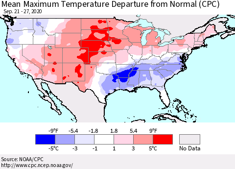 United States Maximum Temperature Departure From Normal (CPC) Thematic Map For 9/21/2020 - 9/27/2020