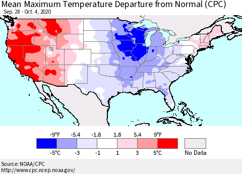 United States Mean Maximum Temperature Departure from Normal (CPC) Thematic Map For 9/28/2020 - 10/4/2020