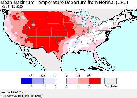 United States Maximum Temperature Departure From Normal (CPC) Thematic Map For 10/5/2020 - 10/11/2020