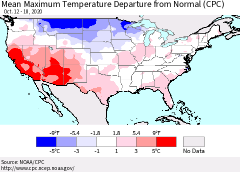 United States Mean Maximum Temperature Departure from Normal (CPC) Thematic Map For 10/12/2020 - 10/18/2020