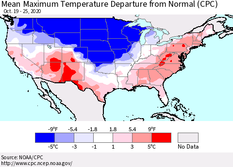United States Maximum Temperature Departure From Normal (CPC) Thematic Map For 10/19/2020 - 10/25/2020