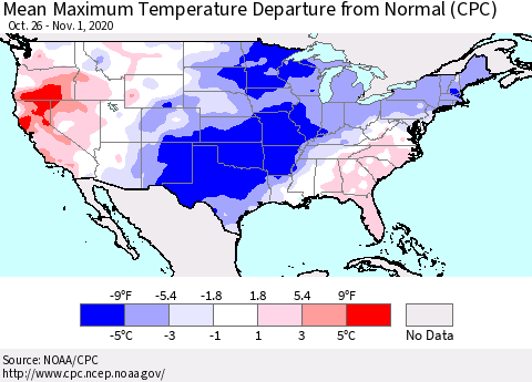 United States Mean Maximum Temperature Departure from Normal (CPC) Thematic Map For 10/26/2020 - 11/1/2020