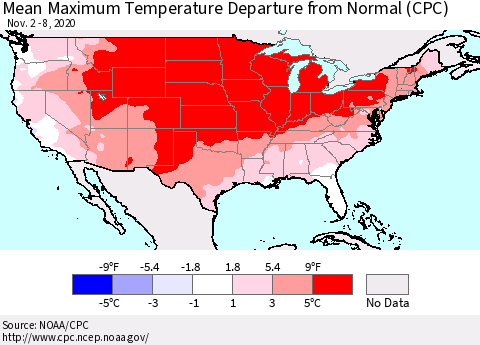 United States Maximum Temperature Departure From Normal (CPC) Thematic Map For 11/2/2020 - 11/8/2020