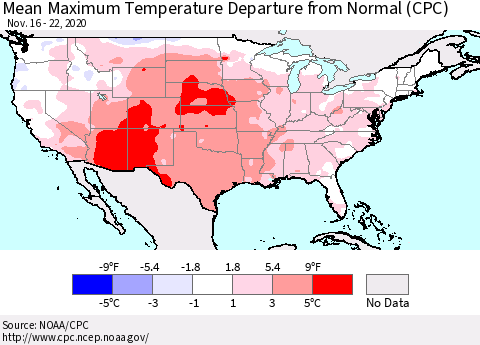 United States Mean Maximum Temperature Departure from Normal (CPC) Thematic Map For 11/16/2020 - 11/22/2020