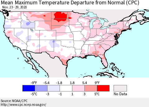 United States Mean Maximum Temperature Departure from Normal (CPC) Thematic Map For 11/23/2020 - 11/29/2020