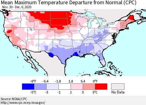 United States Mean Maximum Temperature Departure from Normal (CPC) Thematic Map For 11/30/2020 - 12/6/2020