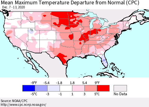 United States Maximum Temperature Departure From Normal (CPC) Thematic Map For 12/7/2020 - 12/13/2020