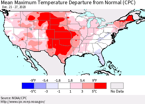 United States Maximum Temperature Departure From Normal (CPC) Thematic Map For 12/21/2020 - 12/27/2020