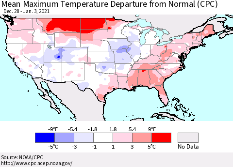 United States Maximum Temperature Departure From Normal (CPC) Thematic Map For 12/28/2020 - 1/3/2021