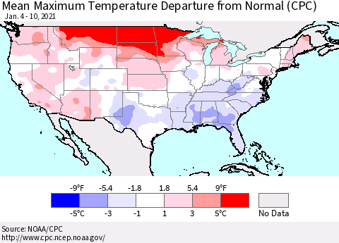 United States Maximum Temperature Departure From Normal (CPC) Thematic Map For 1/4/2021 - 1/10/2021