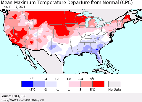 United States Maximum Temperature Departure From Normal (CPC) Thematic Map For 1/11/2021 - 1/17/2021