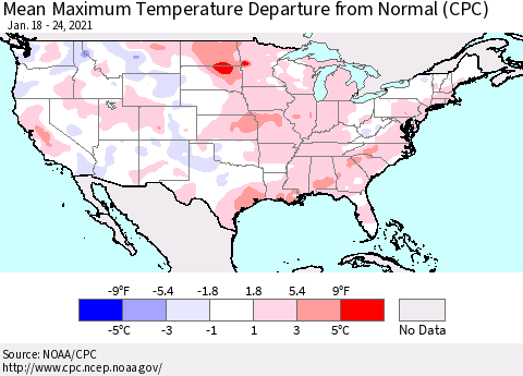 United States Maximum Temperature Departure From Normal (CPC) Thematic Map For 1/18/2021 - 1/24/2021