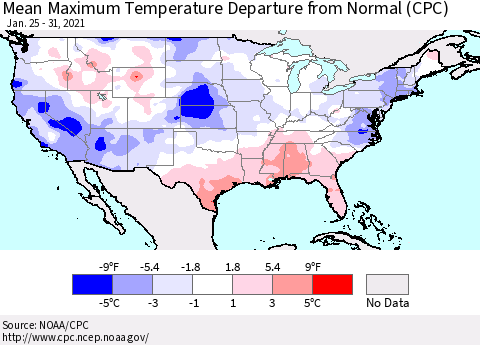 United States Maximum Temperature Departure From Normal (CPC) Thematic Map For 1/25/2021 - 1/31/2021