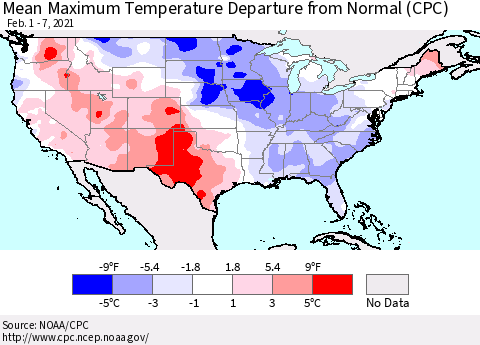 United States Maximum Temperature Departure From Normal (CPC) Thematic Map For 2/1/2021 - 2/7/2021