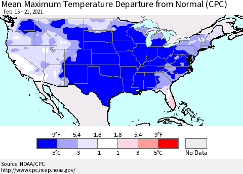United States Mean Maximum Temperature Departure from Normal (CPC) Thematic Map For 2/15/2021 - 2/21/2021
