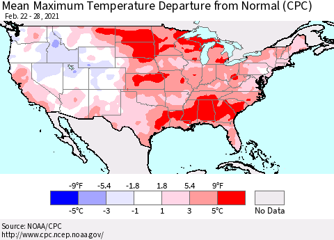 United States Mean Maximum Temperature Departure from Normal (CPC) Thematic Map For 2/22/2021 - 2/28/2021