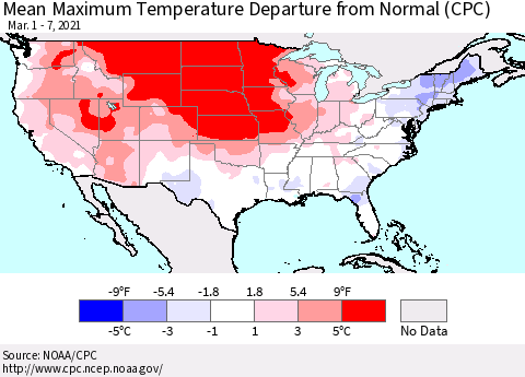 United States Mean Maximum Temperature Departure from Normal (CPC) Thematic Map For 3/1/2021 - 3/7/2021