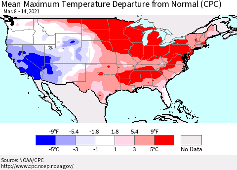 United States Maximum Temperature Departure From Normal (CPC) Thematic Map For 3/8/2021 - 3/14/2021