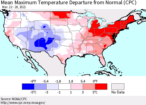 United States Mean Maximum Temperature Departure from Normal (CPC) Thematic Map For 3/22/2021 - 3/28/2021