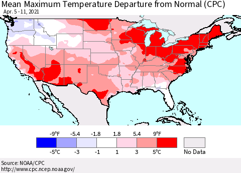 United States Mean Maximum Temperature Departure from Normal (CPC) Thematic Map For 4/5/2021 - 4/11/2021