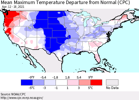 United States Maximum Temperature Departure From Normal (CPC) Thematic Map For 4/12/2021 - 4/18/2021